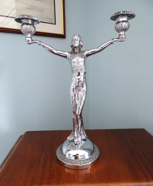 Art Deco Chrome Plated Lady Outstretching Arms Twin Candelabra 1930's