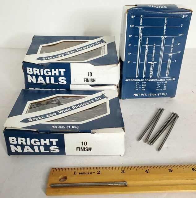 Steel and Wire Products Bright 10D Finish Nails 3" Length 4 One Pound Boxes 4lbs