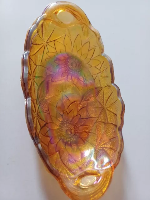Indiana Carnival Glass Amber Lily Pons Pickle Relish Dish Handled Oval Bowl