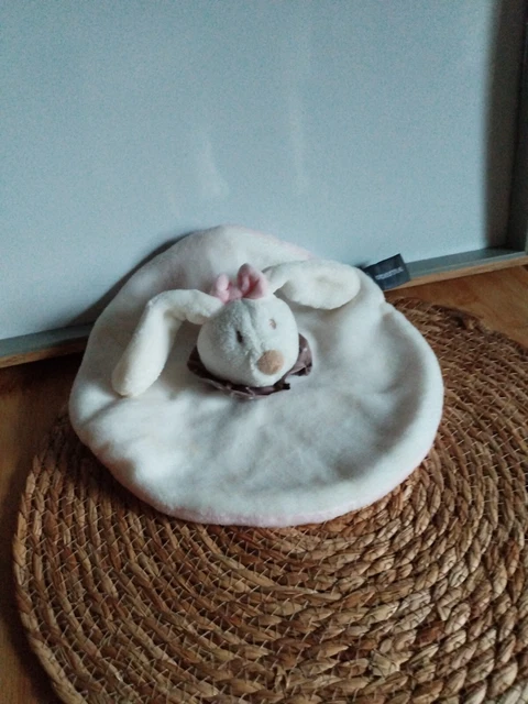 Doudou plat rond lapin blanc rose col marron pois nœud Orchestra état neuf