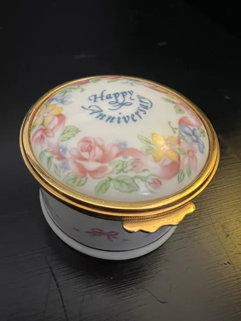 Object D'Art Trinket Box Happy Anniversary Roses Pink Ribbons Limoges Type
