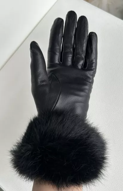 Grandoe Black Leather Womens Gloves Rabbit Trim Size 7 Beautiful Condition