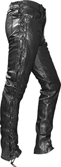 (TG. 52) German Wear - Pantaloni da Moto in Pelle con Lateralmente Lato Lacci, N