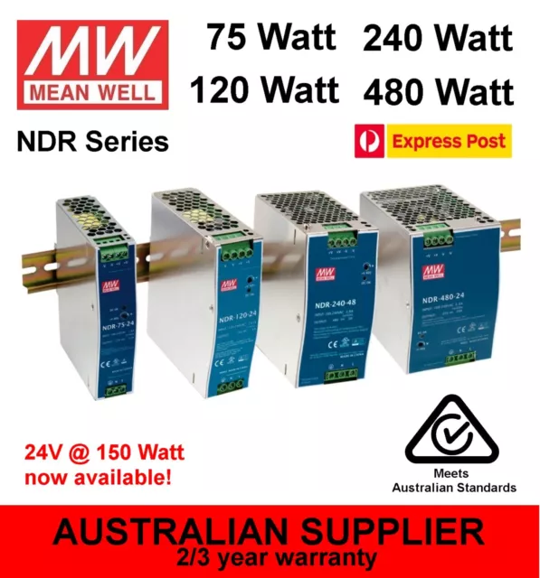 MeanWell NDR Power Supply DIN Rail 75W 120W 240W 480W 12V 24V 48V  + EDR-150-24