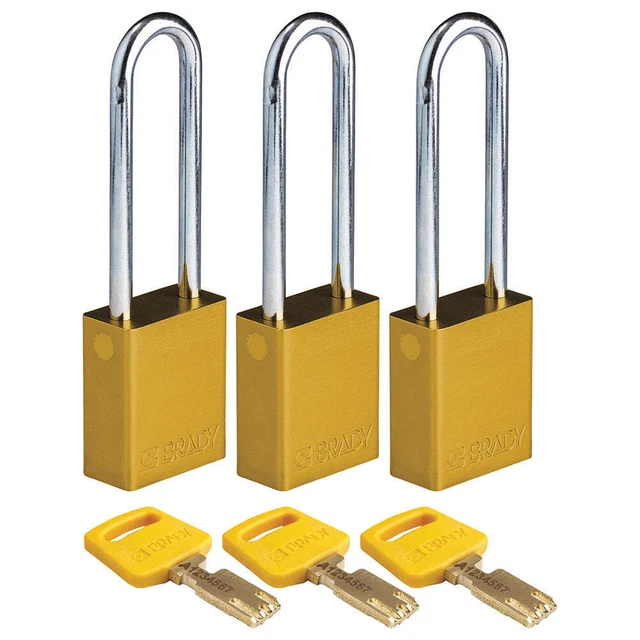 BRADY ALU-YLW-76ST-KA3PK Lockout Padlock,Al,1/4" W,Yellow,PK3