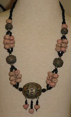 Antique Berber enamel egg pendant and natural stones Necklace