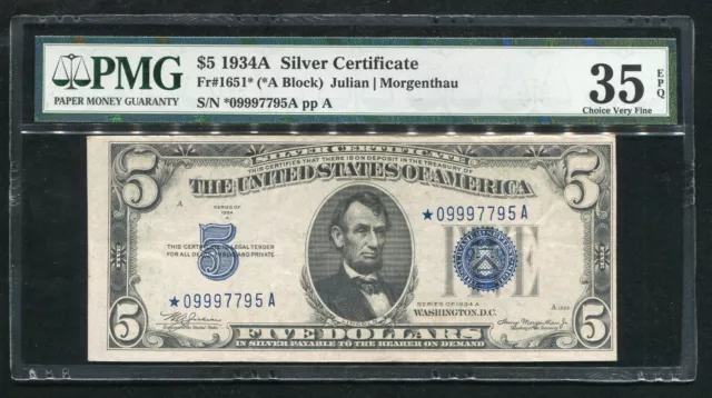 Fr 1651* 1934-A $5 Five Dollars *Star* Blue Seal Silver Certificate Pmg Vf-35Epq