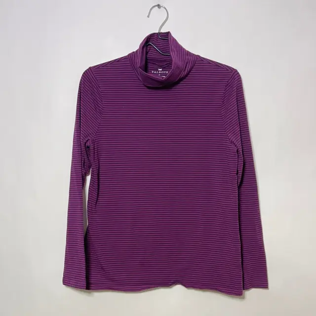 Talbots Turtleneck Shirt Womens Medium Purple Black Striped Knit Long Sleeve Top