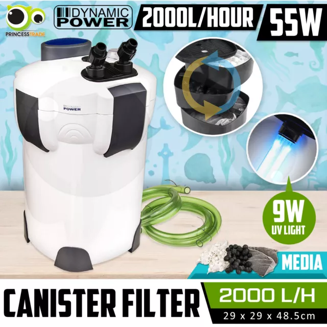 Aquarium External Canister Filter Aqua Fish Tank UV Light +MEDIA KIT 2000L/H