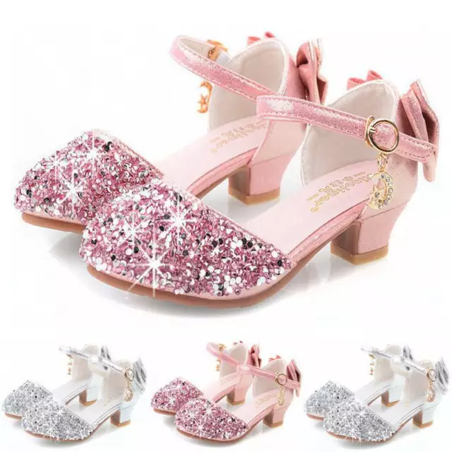 Kid Girls Princess Dress Glitter Sequin High Heels Sandals Shoes Size UK Party