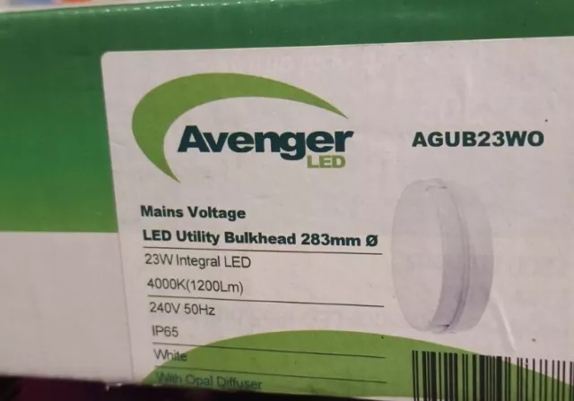 Avenger Bulkhead 283mm 23W Integral LED 4000K (1200Lm) White With Opal Diffuser