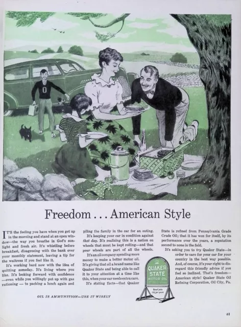 Print Ad 1940's Quaker State Motor Oil Family Picnic Ammunition Use it Wisely