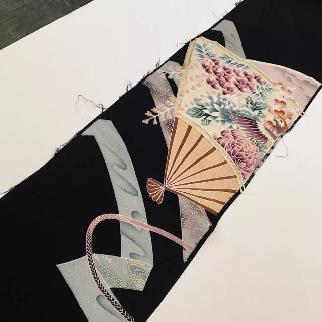 Fan #E 7x58 Hand Painted Embroidered Tomesode Black Silk Kimono Fabric ToD94
