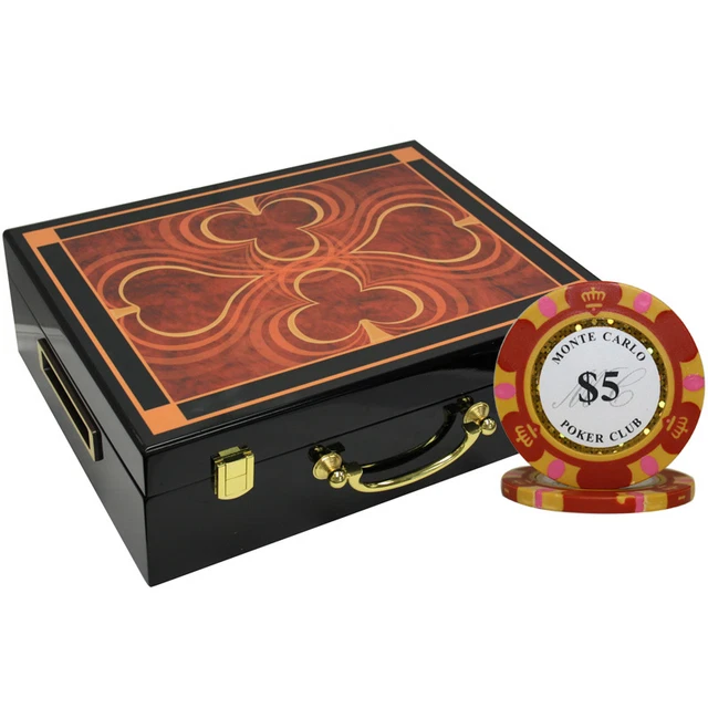 500 14G Monte Carlo Poker Club Chips Set High Gloss Wood Case