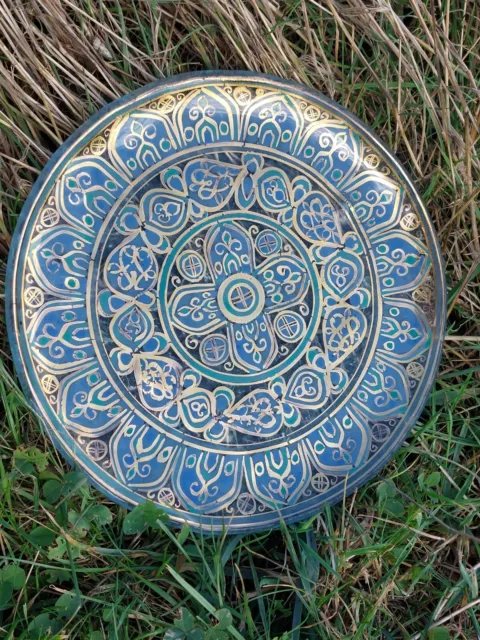 Unusual Hand Decorated Plate ~ Arabic Painted Glass ~ Turquoise Gold ~ 20 cm ~