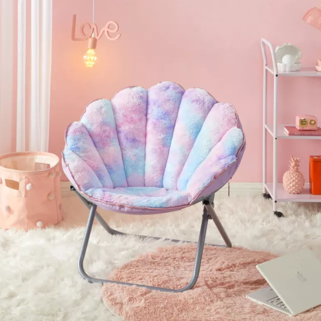 Justice Faux Fur Scallop Folding Saucer Chair w/ Holographic Trim,Purple Tie Dye