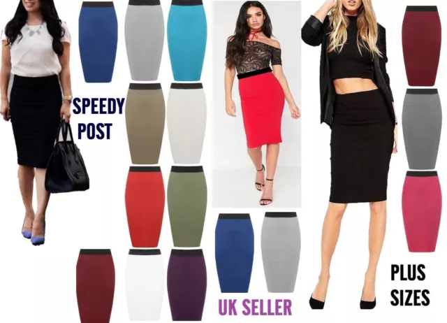 Womens Ladies Plain Office Stretch Bodycon Midi Pencil Skirt Plus Size 8-20