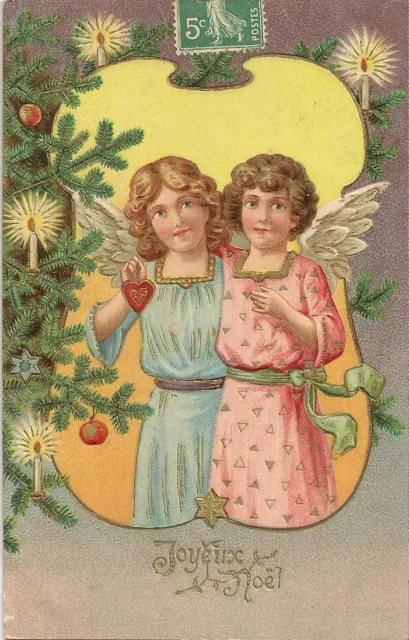 Carte Postale Gaufree Fantaisie Joyeux Noel Anges