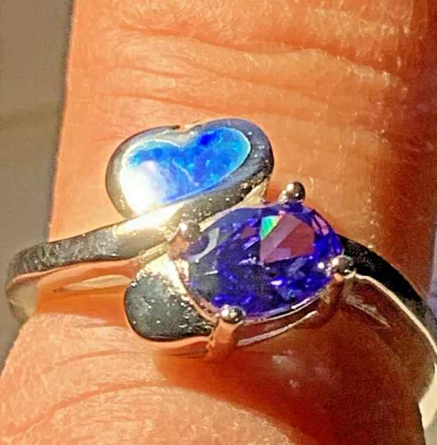 Tanzanite & Blue Fire Opal lab made  Inlay Solid 925 Sterling Silver Ring size 7