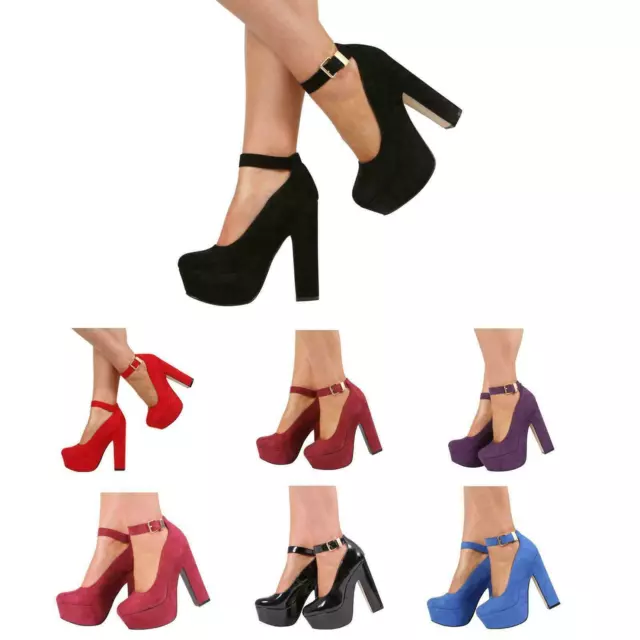 New Womens Ladies Platform High Chunky Heel Ankle Strap Court Shoes Size 3-8