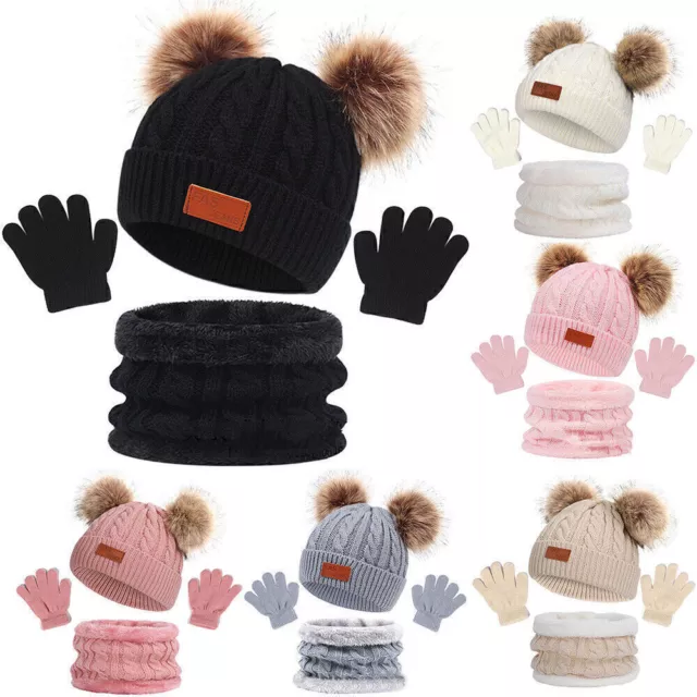 Kids Girls Boys Winter Knitted Pom Pom Beanie Hat with Gloves Scarf Age 1-5 Yrs