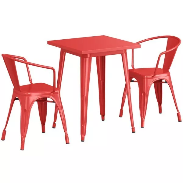 23.5'' Square Red Metal Restaurant Table Set with 2 Armchairs For Outdoor Use