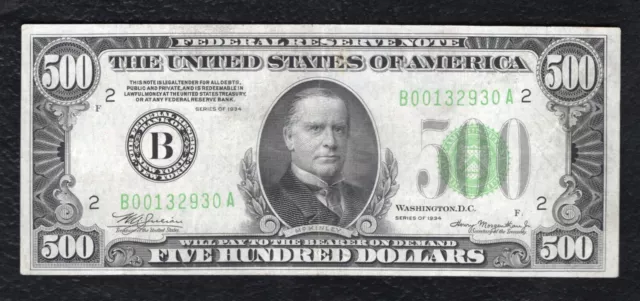 Fr. 2201-B 1934 $500 Frn Federal Reserve Note New York, Ny Extremely Fine