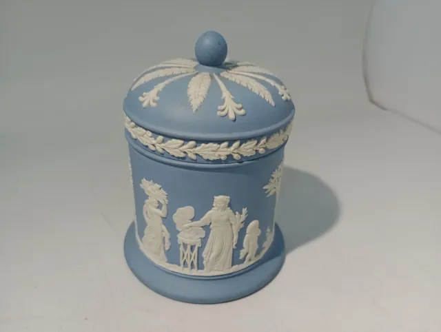 Wedgwood white on blue Jasperware Cylinder Box with lid classical figures