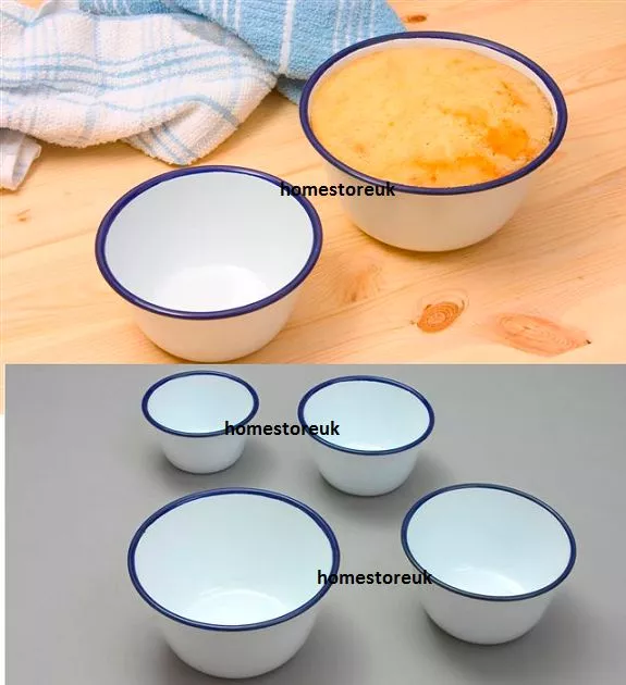 Pudding Bowl Basin Falcon Traditional Enamel Pie Dish Baking Oven White Blue Tin