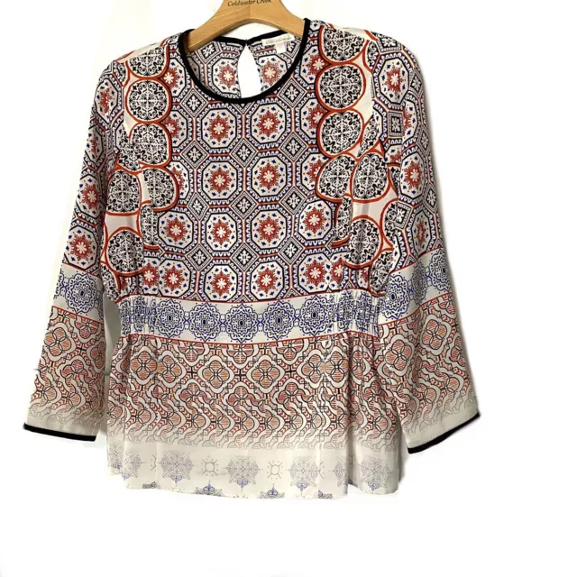 Shoshanna Silk Top Blouse Size 4 S Medallion Print Cream Red Blue Long Sleeve