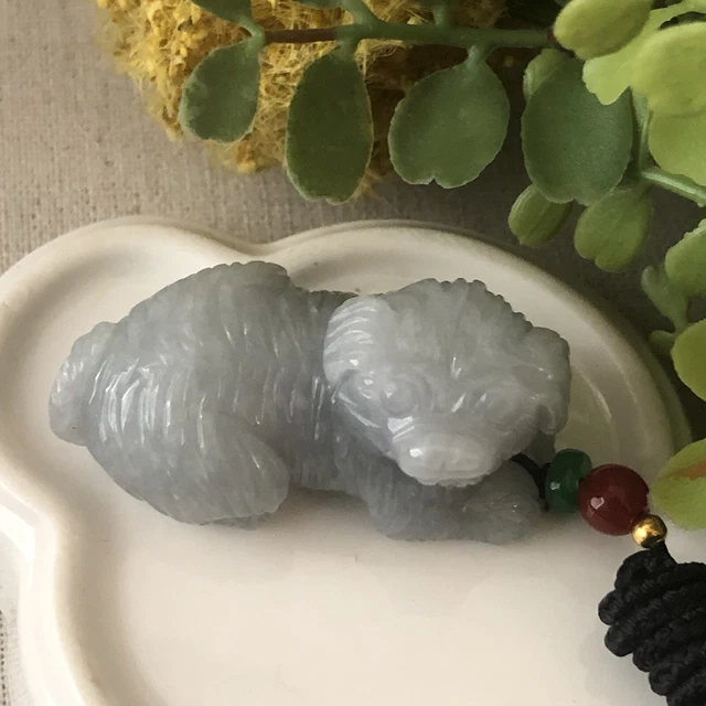 44mm Jadeite Lavender Carved Dog Keychain or Pendant Display Figurine