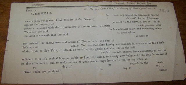 1830 Antique Justice Of The Peace Constable Saratoga County Ny Legal Document