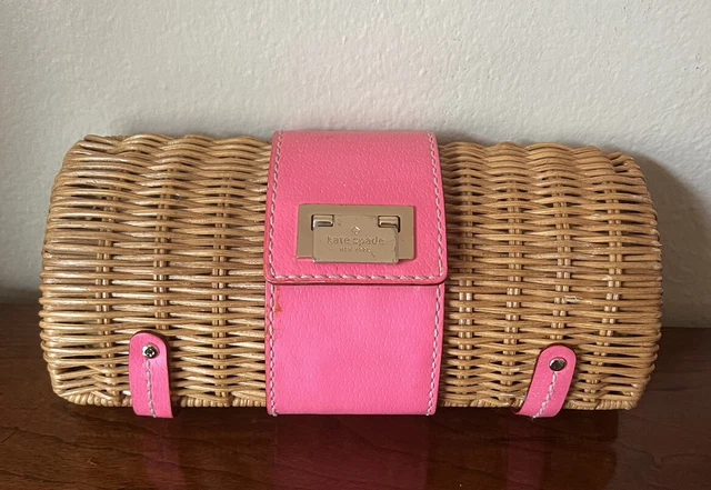 Kate Spade Wicker basket woven Clutch pink  Leather gold Purse Handbag 9x5" A88
