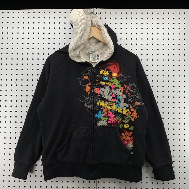 Disney Mickey Mouse Black Graffiti Graphics Sherpa Lined Hooded Jacket Medium