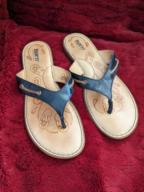 Born Sandals US Women's Size 9 Black Leather Thong Flip Flops Slip On Casual