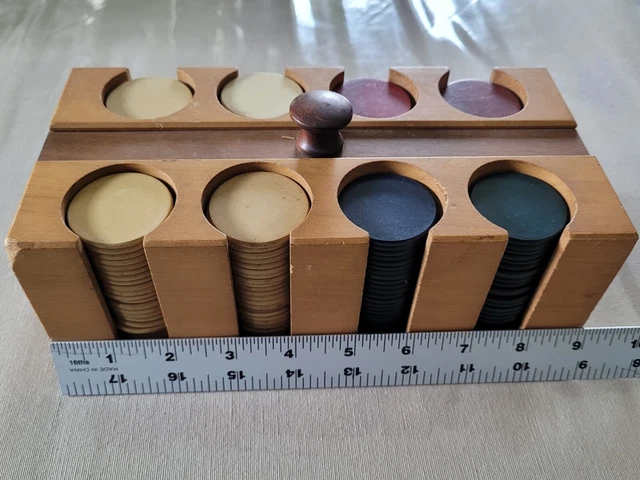 Lot of 200 vintage clay poker chips in wood carrying case w/hidden decks cards