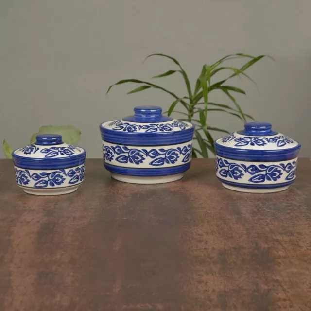 Pottery Handpainted Ceramic Geometric Serving Donga With Lid Set Of 3 Bowl Set