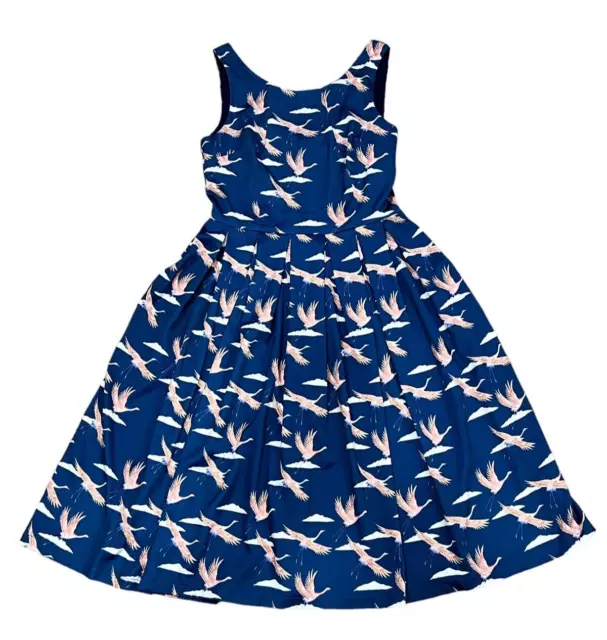 LINDY BOP LANA Swing Dress Size 12 Crane Print Blue Flare
