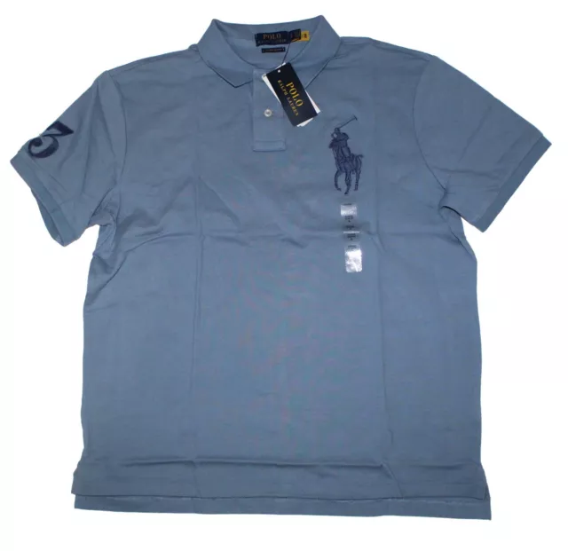 Polo Ralph Lauren Mens Custom Slim Fit Big Pony Blue Solid Mesh Polo Shirt NWT