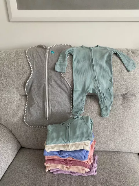 Baby sleepsuits (2 way zip fastening) + Love to dream swaddle