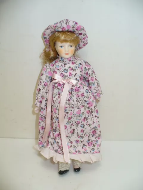Vintage Porcelain Doll in Floral Dress with Floral Sun Hat Blonde Hair Blue Eyes