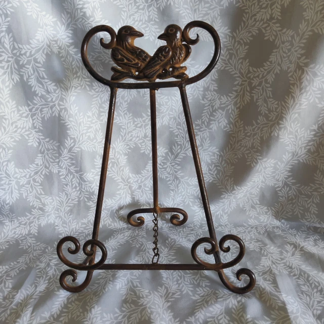 VINTAGE WROUGHT IRON Birds Display Easel Table Top Plate Or Book Stand
