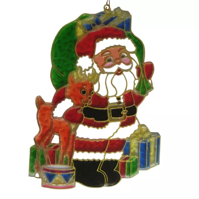 VTG Christmas Santa Claus Suncatcher Christmas Plastic Stained Glass Presents