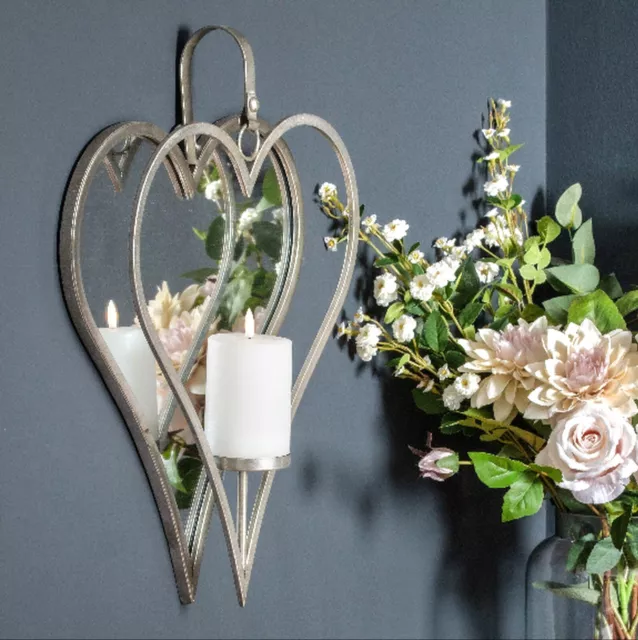 Large Heart Shaped Candle Holder Wall Mounted Mirrored Back Sconce 50cm Gift 🎁