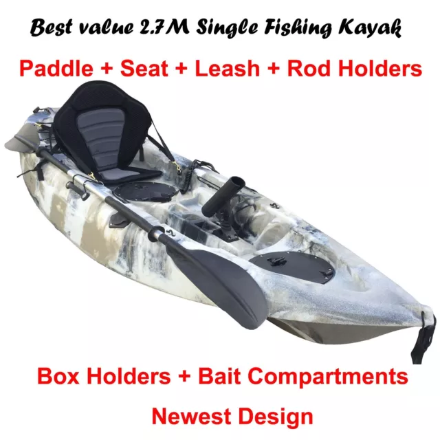 2.7M Fishing Kayak Single Sit-on Canoe 5 Rod Holders Seat Paddle Beige Camo