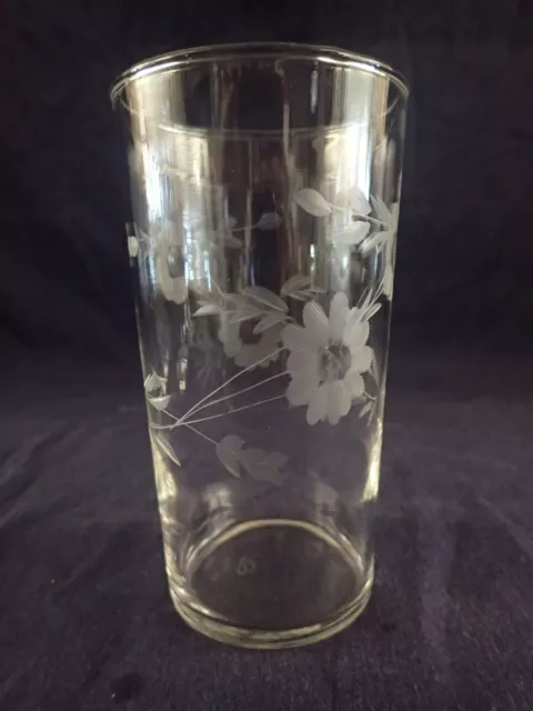 Vintage Federal Clear Etched Glass Tumbler flat bottom w/ etched FLORAL