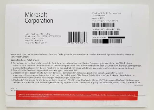 MS Windows 10 Professional Pro 64 bit DVD versione completa tedesco FQC-08922