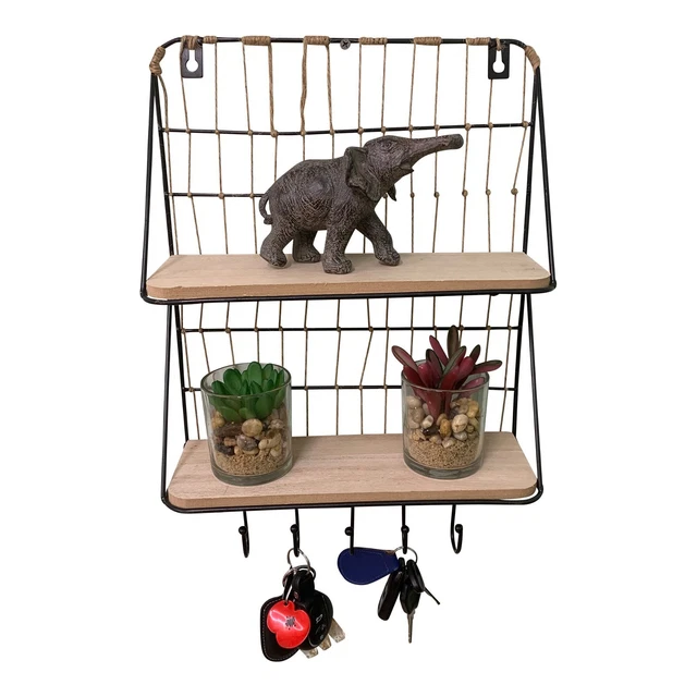 Wooden Shelves 5 Hooks Storage Metal Frame Country Style Rustic Kitchen Unit