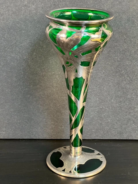 Art Nouveau Trumpet Vase Green Glass Sterling Silver Overlay