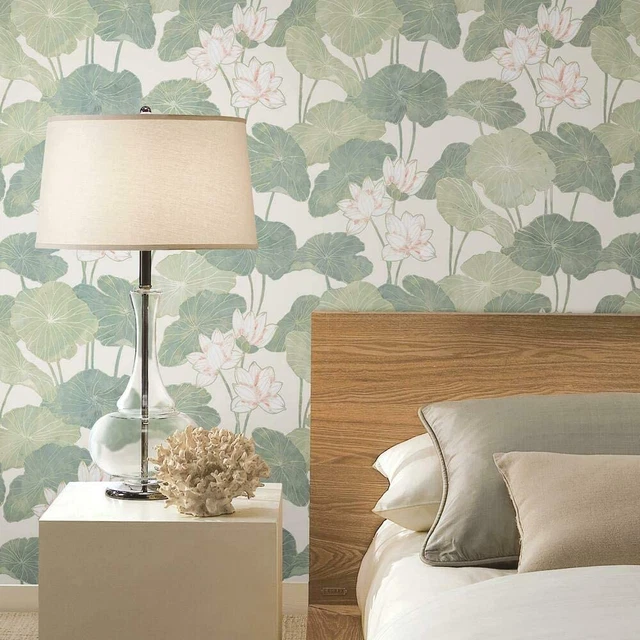 Roommates RMK11438WP Beige and Green Lily Pad Peel and Stick Wallpaper